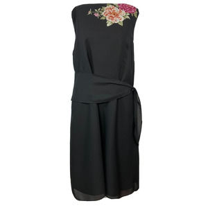 Virgo Dress Womens Sz 18 Black Floral Chiffon Sleeveless Shift‎ Side Tie Sash